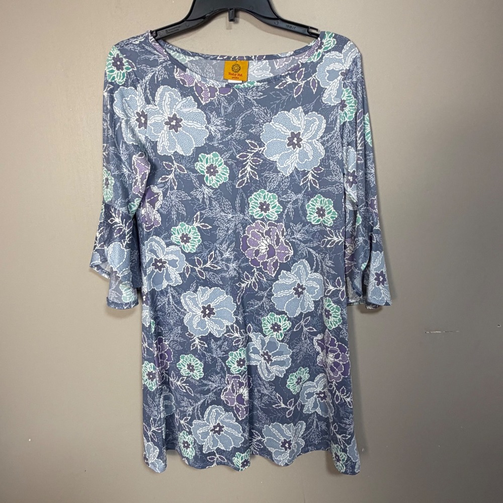 Ruby Rd Petite Blue Floral Bell Sleeve Tunic Top PS Scoop Neck Stretch 3/4 Sleev